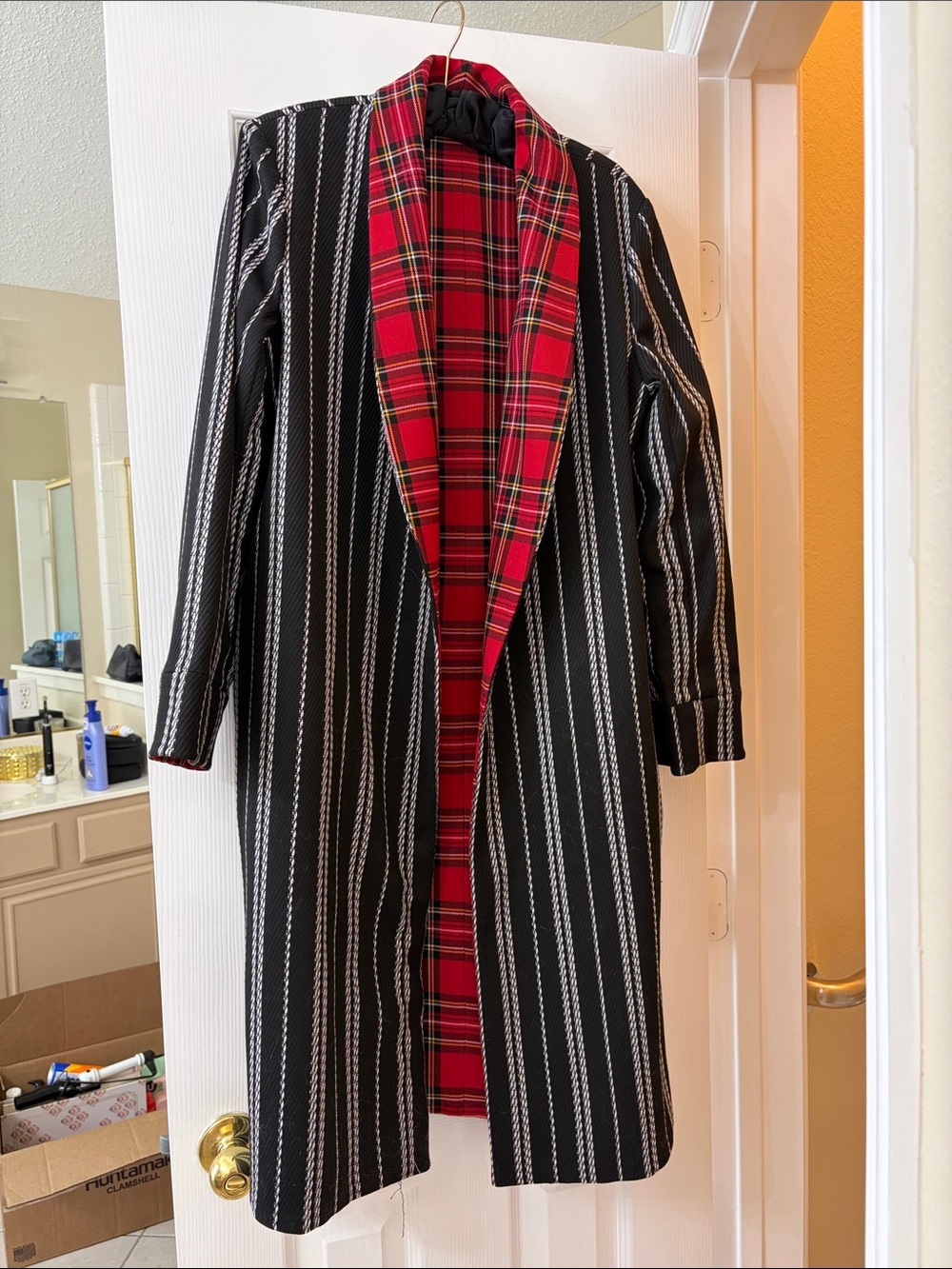 Alice + Olivia Reversible Black Striped Coat with Red Tartan